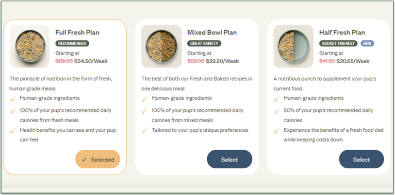 Screenshot of Ollie's meal plan pricing options for Baxter