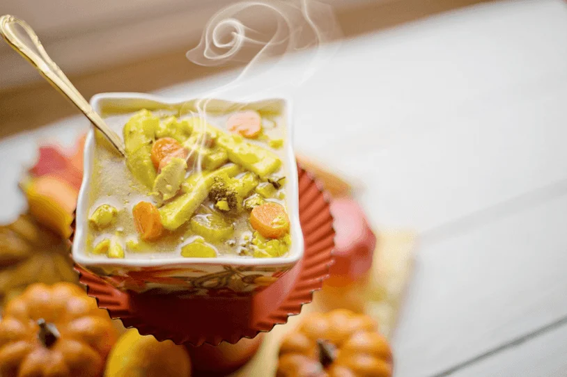 A steaming bowl of Chicken and Dumplings