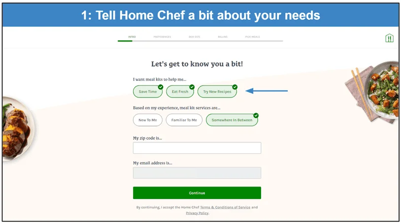 Screenshot of Home Chef's Intro sign-up screen