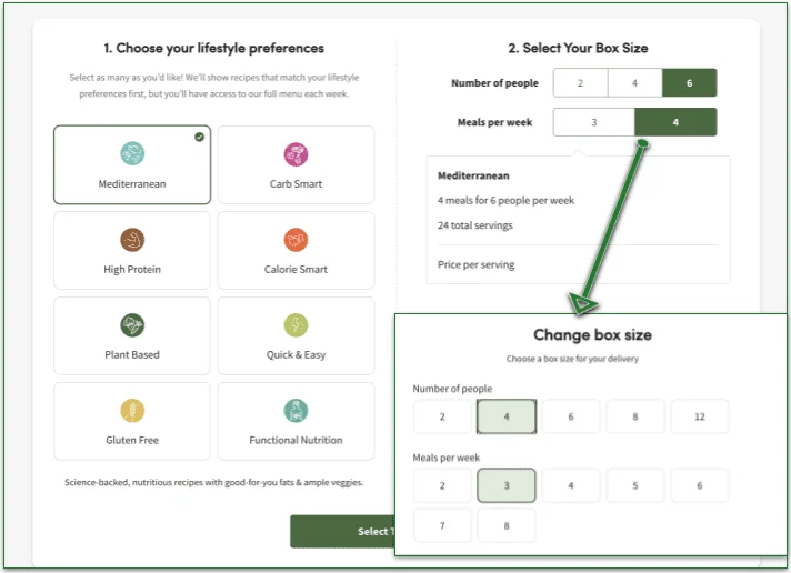 Green Chef screenshot - with lifestyle preferences and select your box size