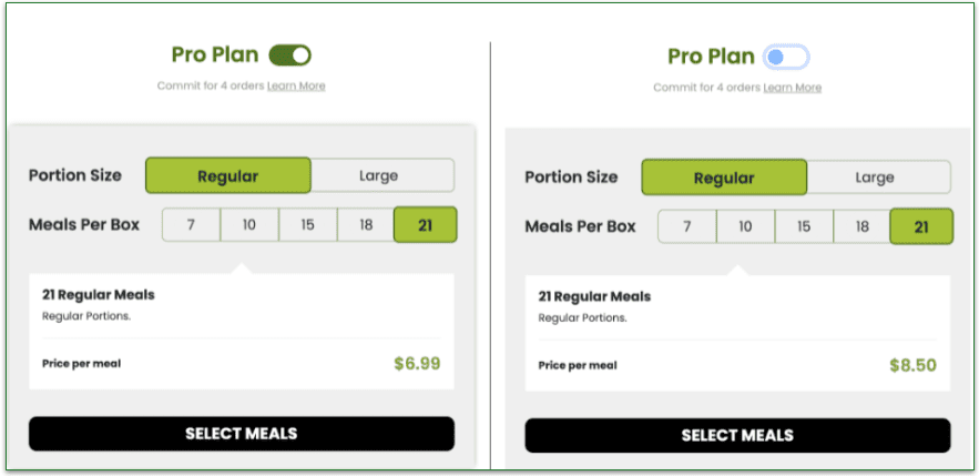 a screenshot of flexpro meals' plan selection screen