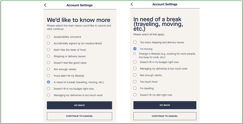 Hungryroot's questionnaire when canceling