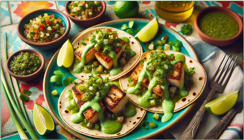 image of swordfish tacos with salsa verde and green onion crema