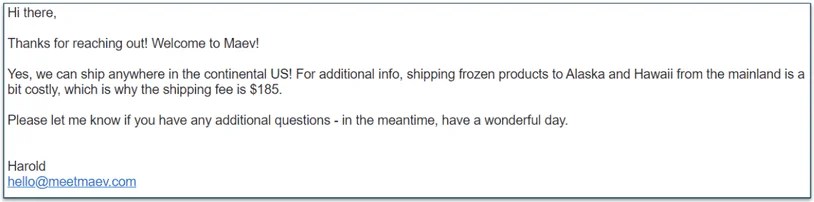 A message from Maev customer support