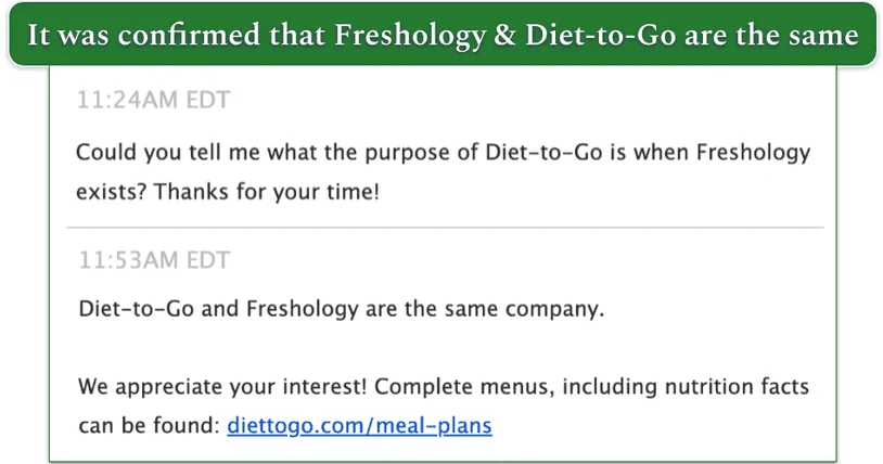 Response from the Freshology webform confirming that Diet-to-Go and Freshology are the same company