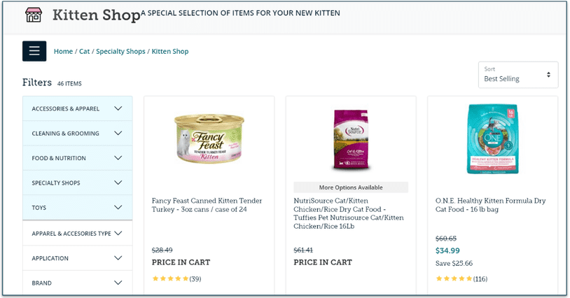 Screenshot of the PetCareRx kitten shop