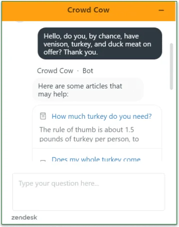 Chatbot in Crowd Cow's customer support
