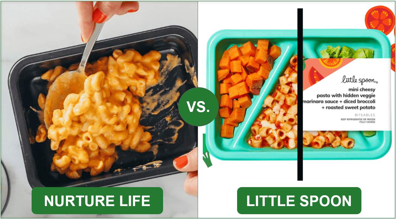 Comparison image of Nurture Life and Little Spoon's microwaveable trays