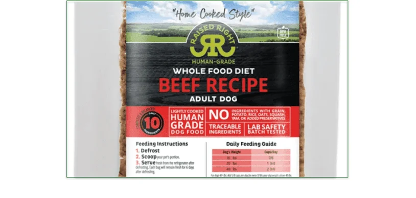 Label for Raised Right's Beef dog food recipe