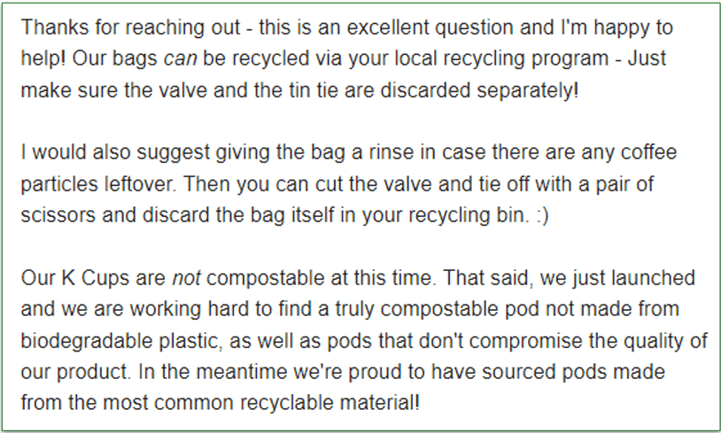 Screenshot of email from Atlas Coffee Club explaining recycling information for the bags, and the aim to find a compostable pod