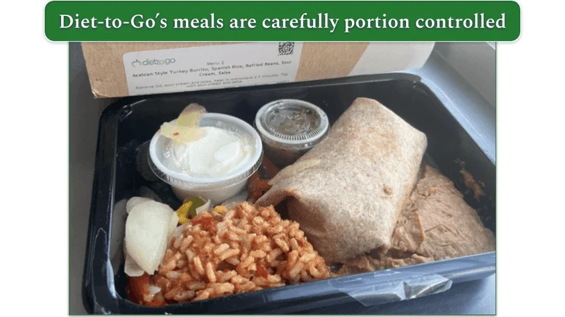 Diet-to-Go's Mexican Style Turkey Burrito in a microwaveable tray next to the cardboard packaging sleeve