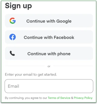 Instacart sign-up options the user can choose from to register