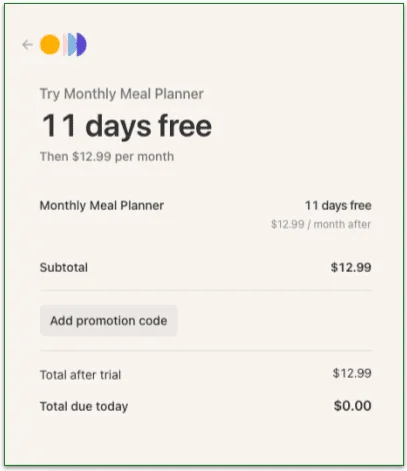 screenshot of 11 days free subscription offer from PlateJoy