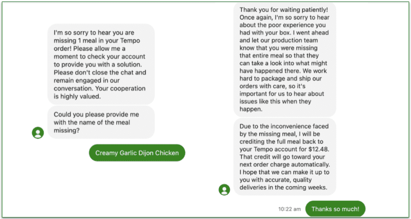Screenshot of Tempo chat regarding a missing meal