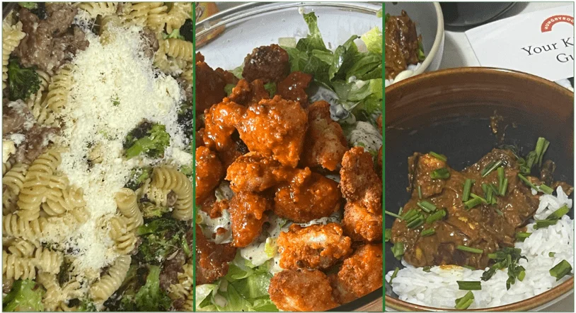 Three Hungryroot dishes side-by-side: Sausage Broccoli Pasta, Buffalo Chicken Salad, and Paneer Tikka Masala