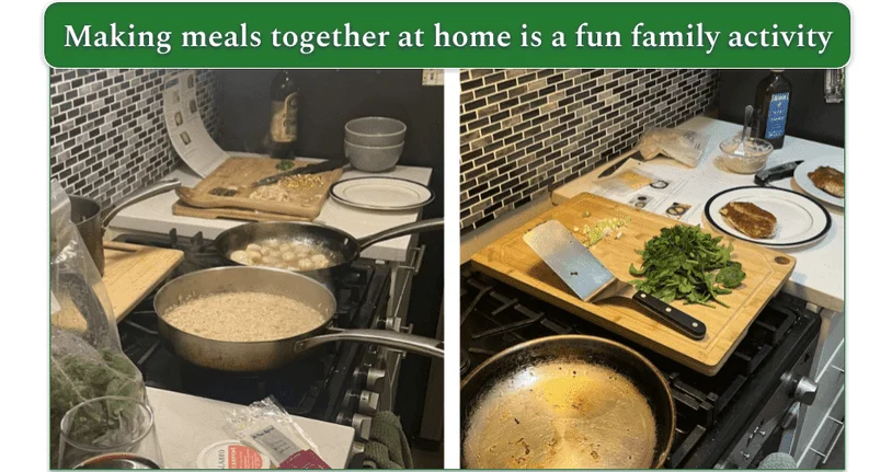 Photos of meals being prepped and cooked in a kitchen
