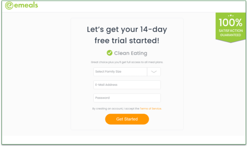 eMeals' 14-day free trial screen