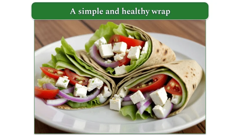 Hummus, lettuce, tomato, and feta wrap served on a plate