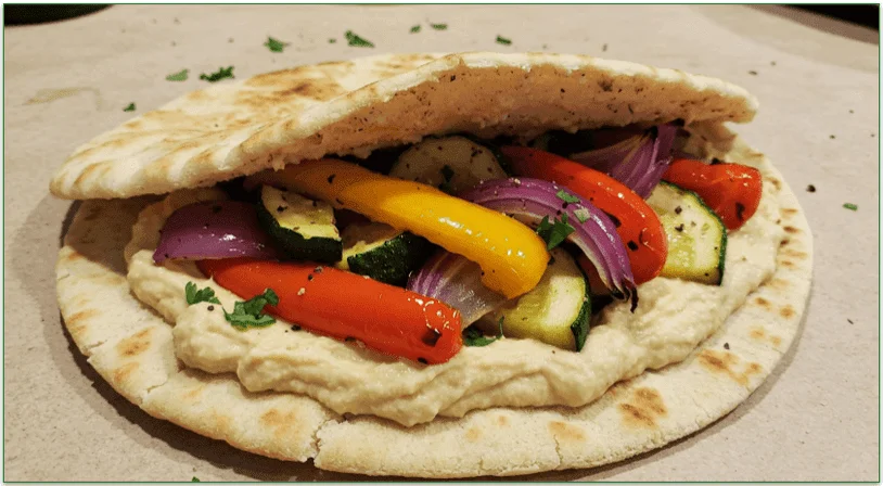 Toasted pita bread with roasted veggies and hummus.