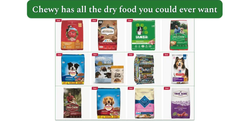 An image showing a selection of the many dry dog food choices from Chewy