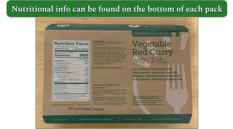 A BistroMD package with the nutritional info and cooking instructions shown on the bottom