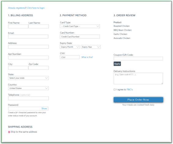 a screenshot of mealpro's checkout process