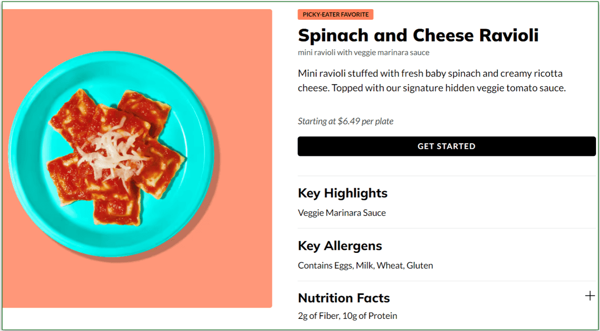 Little Spoon's Spinach and Ravioli dish with a Nutrition Facts title to click on