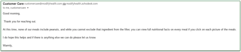 ModifyHealth's response to my email