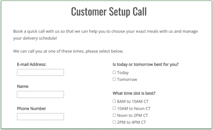 Screenshot of Magic Kitchen's Customer Setup Call screen