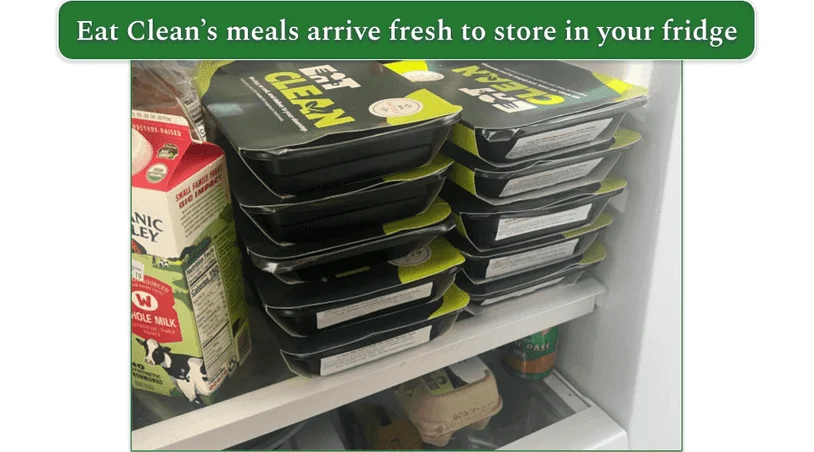 Stack of Eat Clean meals in the fridge