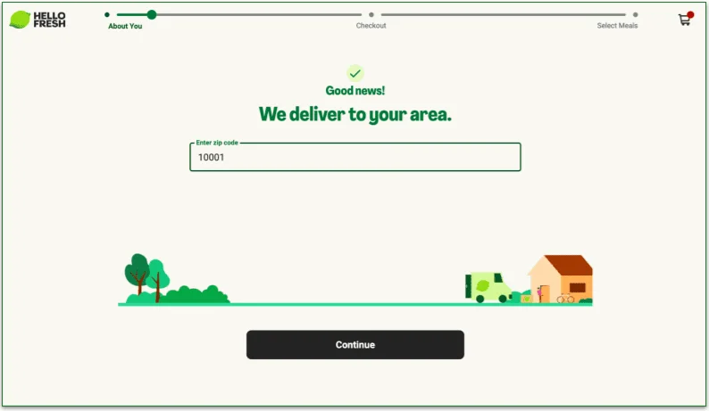 hellofresh sign up quiz - zip code screen