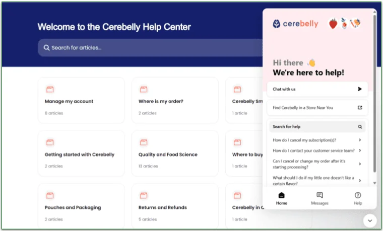 Chat box on the Cerebelly Help Center page