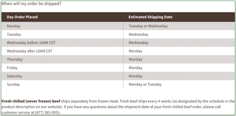 grassland beef, shipping schedule