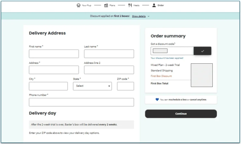 Delivery address page during sign up