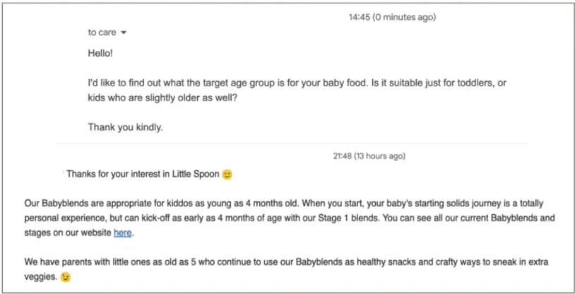 a screenshot of little spoon's email support response