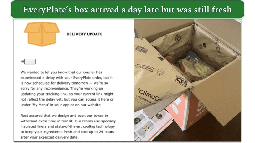 EveryPlate's delivery update email and the open box showing fresh contents