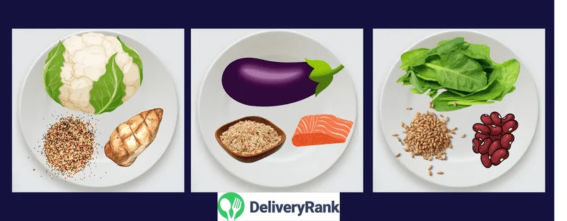 An infographic showing 3 plates, each with different types of vegetables, whole grains, and lean proteins.