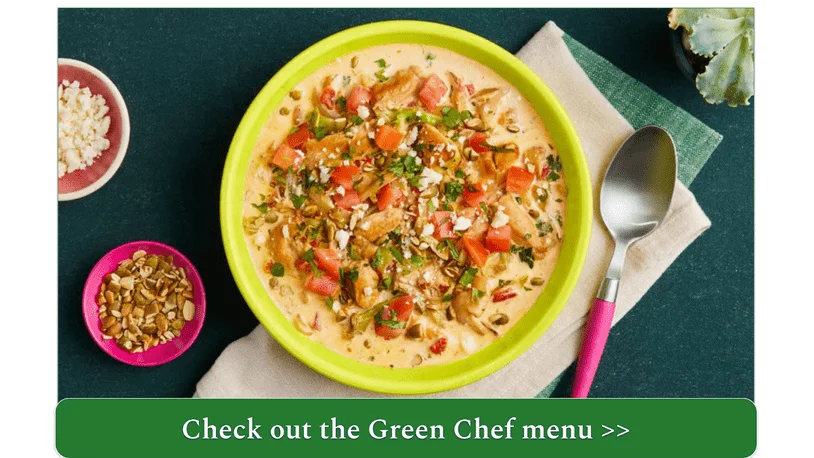 Green Chef's keto Ancho Chicken Soup with Cabbage, Roasted Red Peppers, Cotija, and Toasted Pepitas