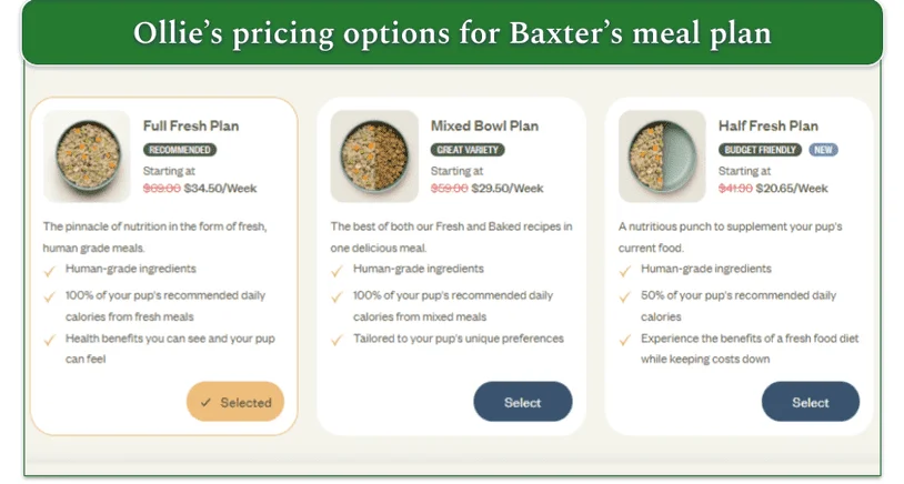 Screenshot of Ollie's meal plan pricing options for Baxter