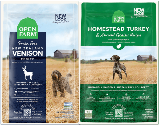 Image showing a pack of grain free venison recipe and a pack of turkey recipe with grains both from Open Farm