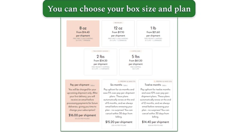 Driftaway Coffee's main box sizes and payment plans