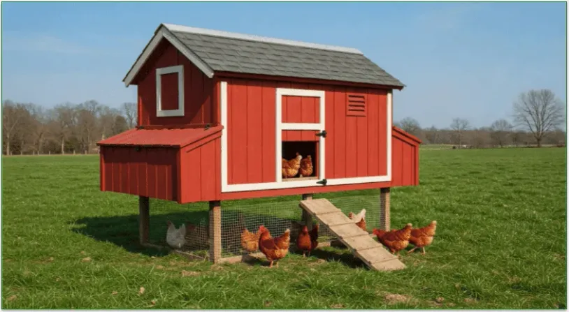 A chicken coup in a pasture with several chickens roaming freely.