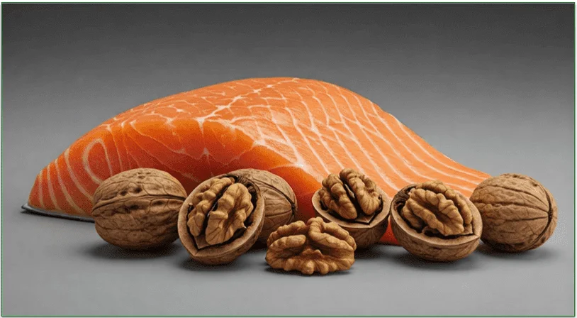 A piece of salmon alongside some walnuts.
