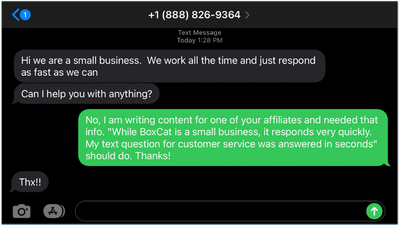 BoxCat’s customer service team got back to me in seconds