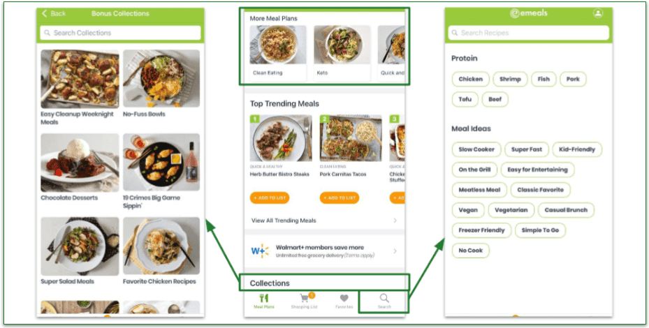 screenshots of viewing eMeals collections and Search page