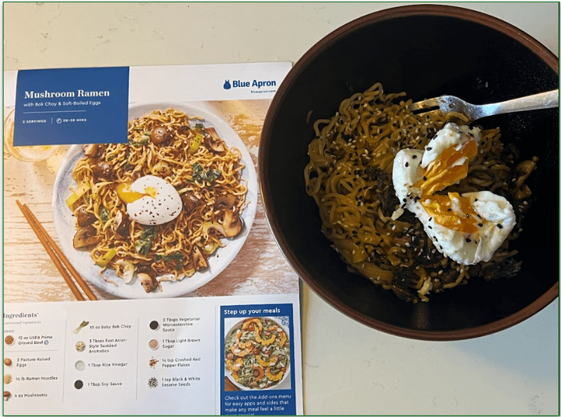 Blue Apron’s Japanese-inspired Mushroom Ramen next to the recipe card