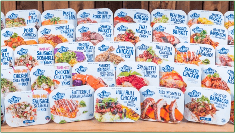 A sample of single-serving prepared paleo meals available at Ice Age Meals