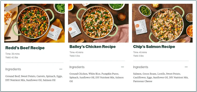 Sample DIY Nutrient Recipes by The Farmer’s DogThree at-home recipe ideas that include TFD Nutrient Mix