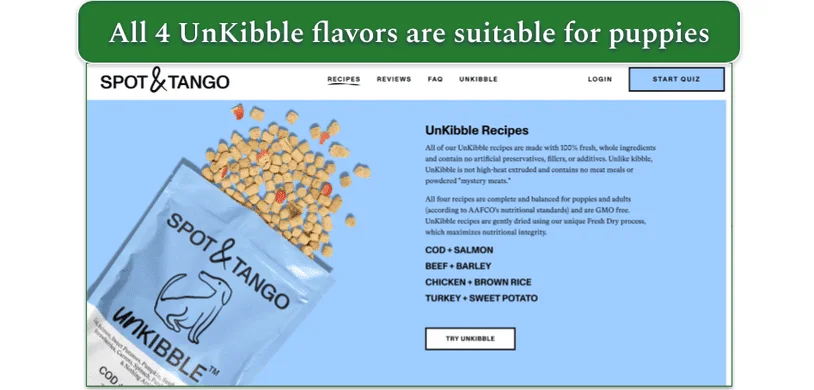 Screenshot of Spot & Tango’s UnKibble page showing 4 recipes listed