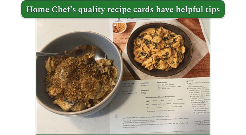 Home Chef’s Creamy Spinach and Artichoke Tortellini with recipe card